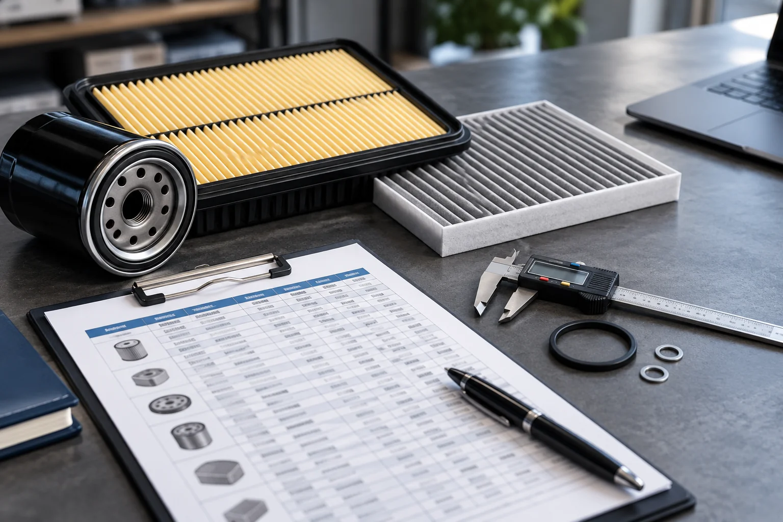 Illustrative automotive filters, a reference-number spreadsheet and measuring tools arranged for wholesale quotation preparation.