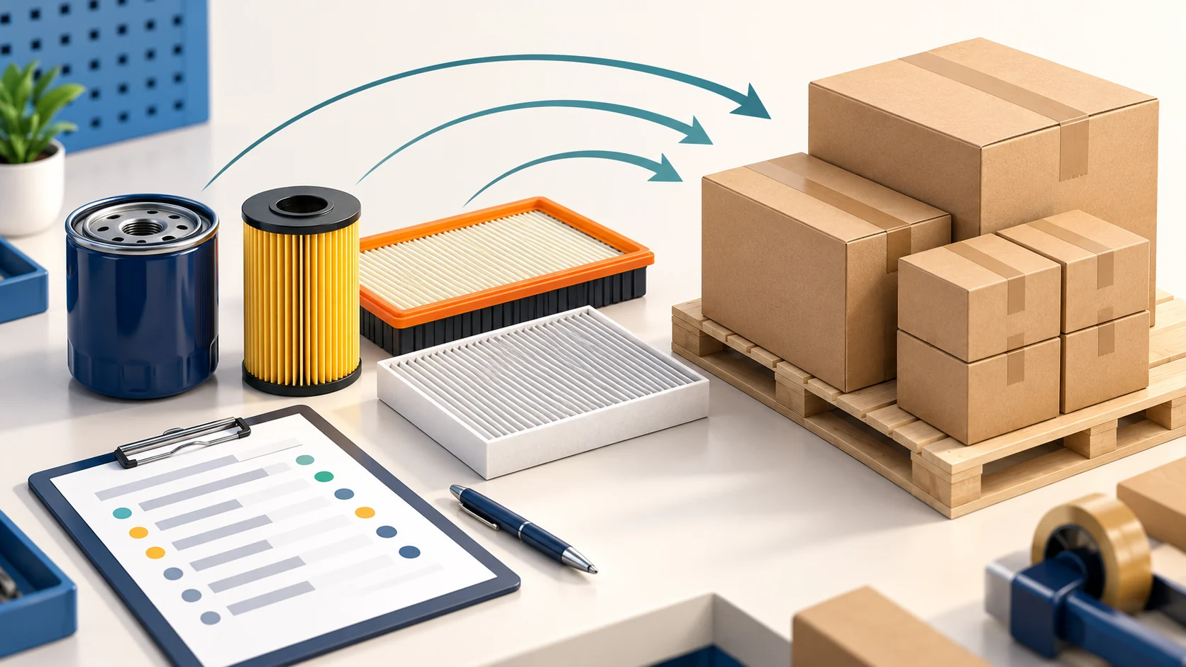 Concept illustration of automotive filters and grouped cartons prepared for a mixed-SKU wholesale order.