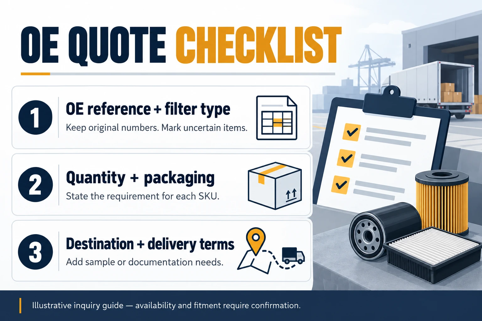OE quote checklist: preserve references, state quantity and packaging per SKU, and include destination, delivery terms and documentation needs.