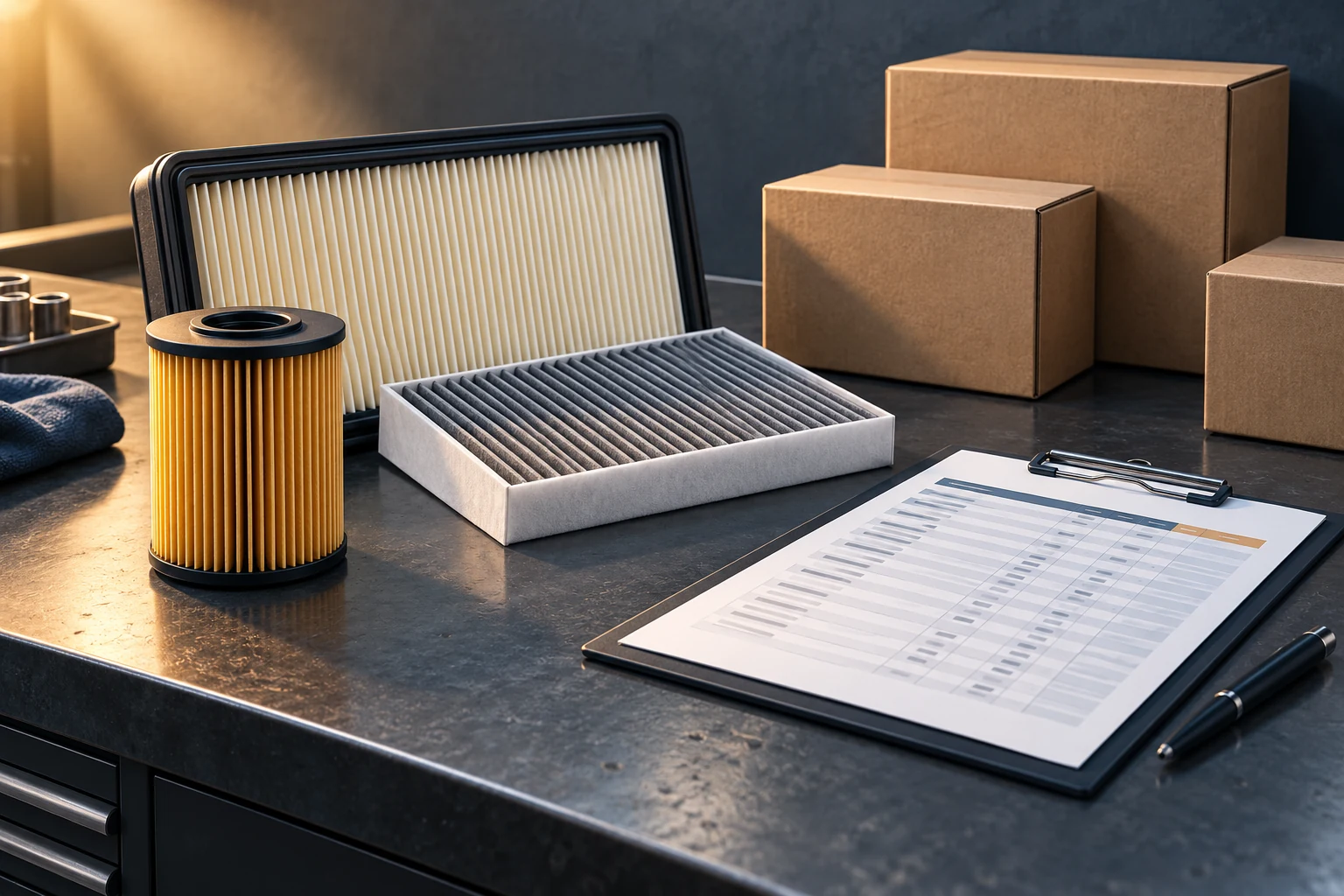Illustration of unbranded automotive filters, neutral cartons and an OE quotation sheet on an industrial workbench.
